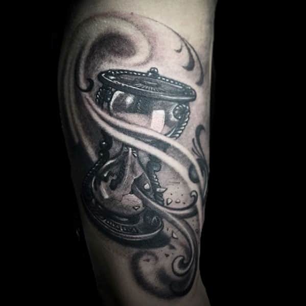 Ornate Broken Hourglass Male Arm Tattoo Design Ideas
