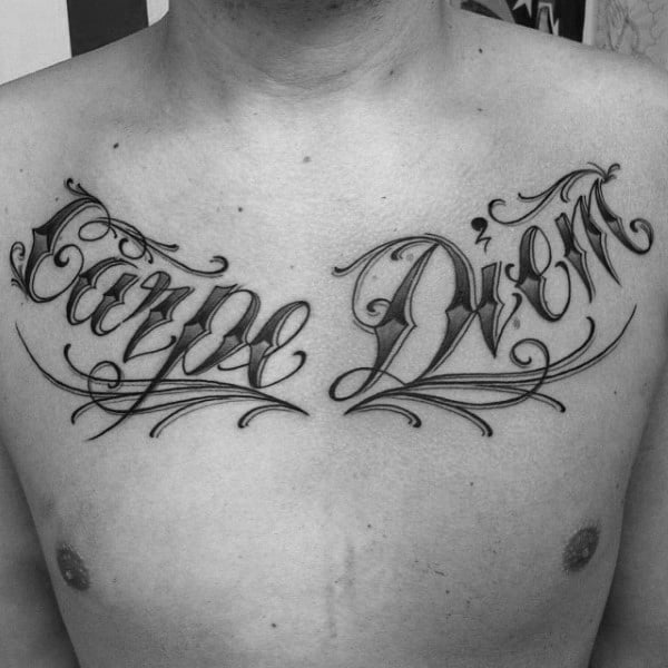 Ornate Carpe Diem Mens Upper Chest Tattoos
