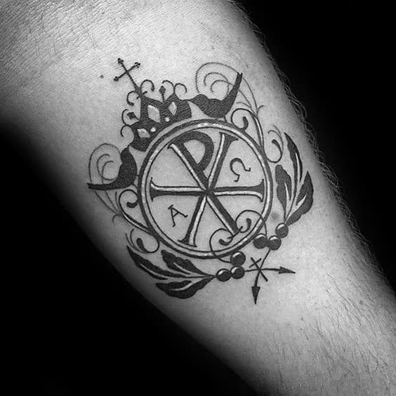Ornate Chi Rho Cross Tattoos For Guys On Arms