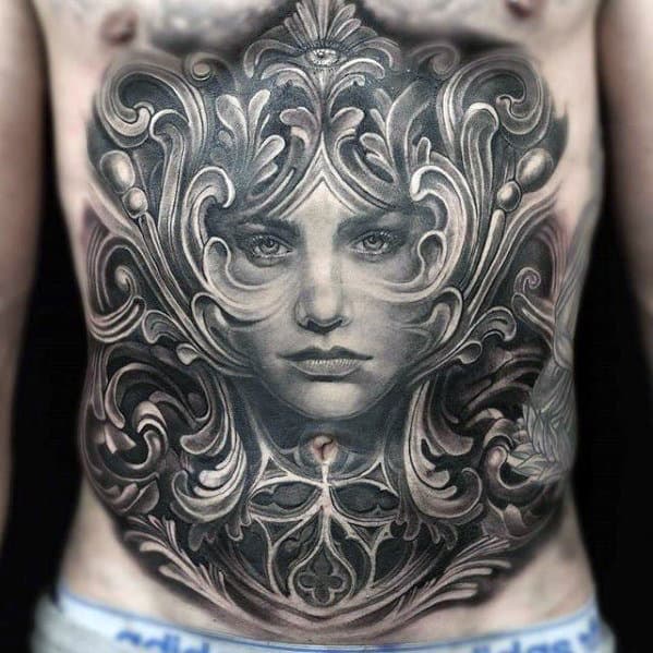 Ornate Decorative Female Portrait Guys Badass Chest Tattoo