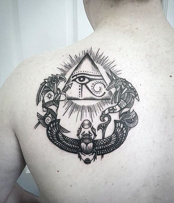 ornate decorative mens egyptian themed scarab shoulder tattoo