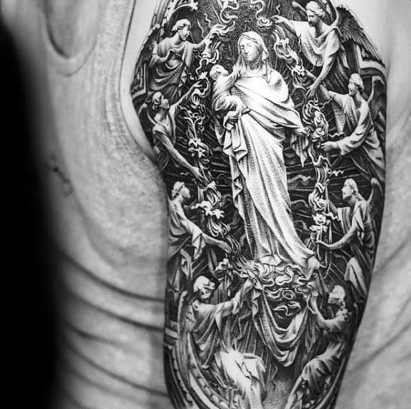 Ornate Detailed Guys Catholic Sleeve Tattoo Design
