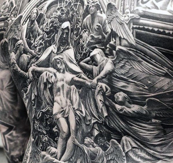 Ornate Detailed Mens Fallen Jesus Full Back Tattoos