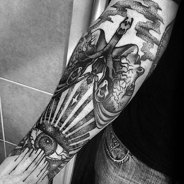 Ornate Dotwork Inner Forearm Eye With Lung Mens Tattoo Ideas