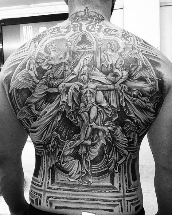 Ornate Fallen Jesus Catholic Guys Shaded Back Tattoo