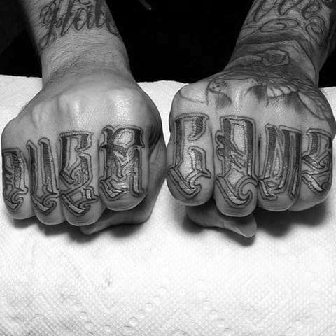 Ornate Font Fingers Male Overcome Tattoo Design Inspiration