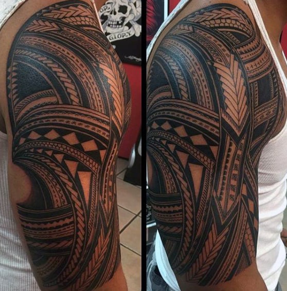 Ornate Guys Black Ink Samoan Tribal Half Sleeve Tattoo
