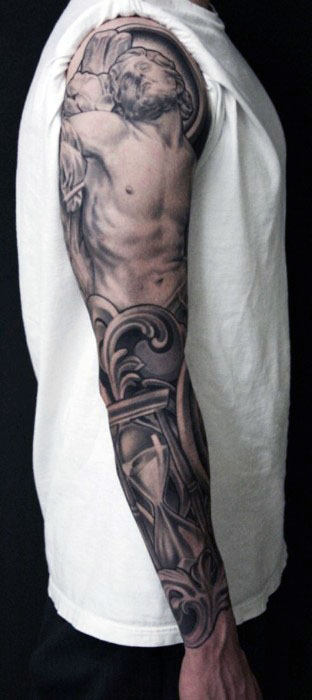 Ornate Guys Full Arm Sleeve Tattoo With Jesus Religious Theme Design
