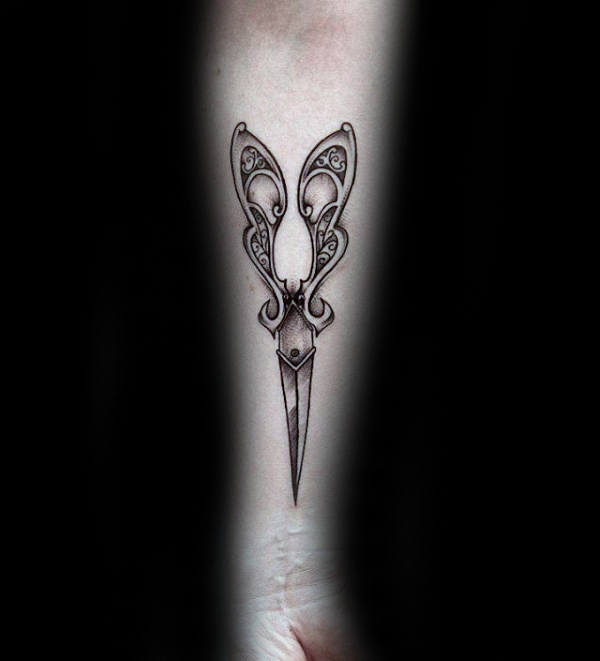 Ornate Inner Forearm Male Tattoo Scissor Design