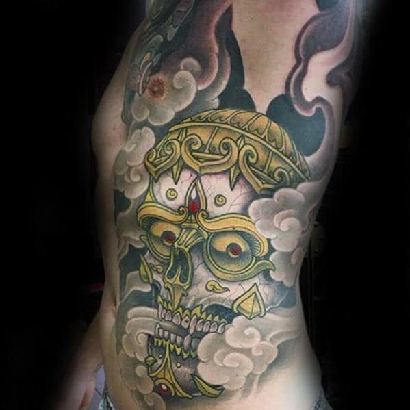 Ornate Japanese Badass Skull With Gold Design On Chest For Men