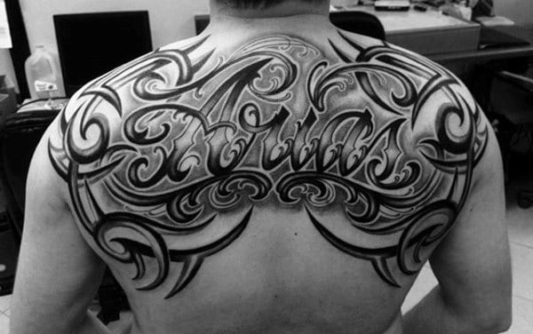 Ornate Last Name Tribal Mens Back Tattoos