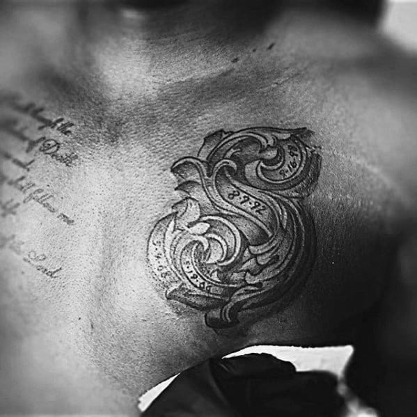 Ornate Letter S Mens Small Chest Tattoos