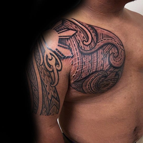Ornate Male Arm And Chest Sun Tribal Tattoos