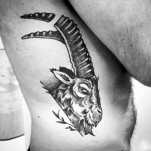 Ornate Male Rib Cage Side Goat Tattoo