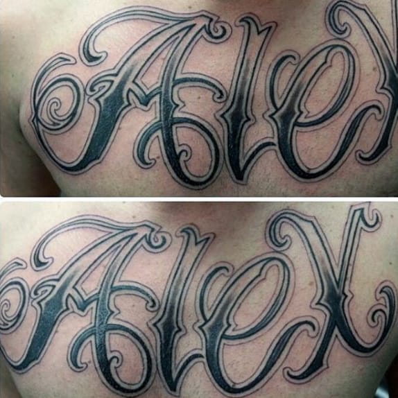 Ornate Mens Alex Name Tattoo On Chest