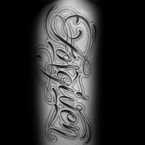 Ornate Mens Fancy Forgiven Script Rib Cage Side Tattoo Design Ideas