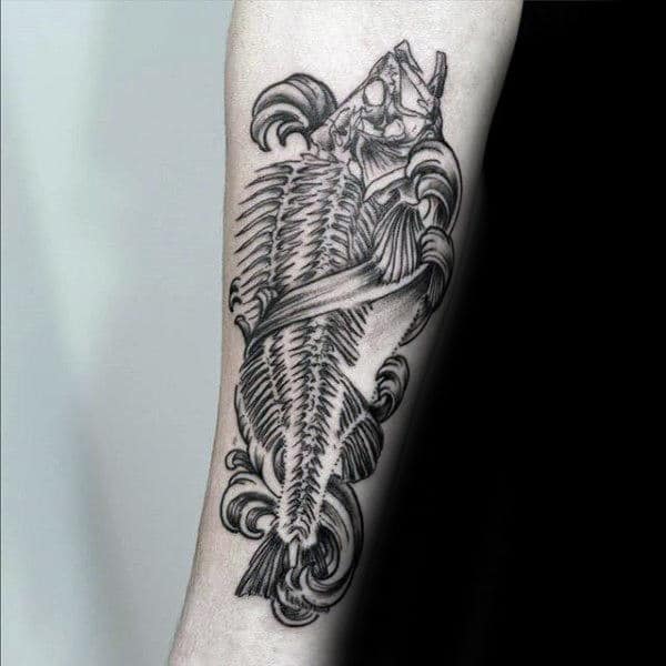 Ornate Mens Fish Skeleton Inner Forearm Tattoos