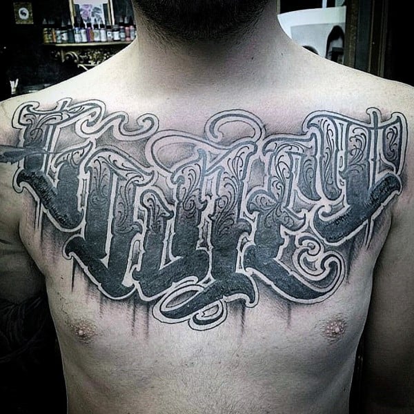 Ornate Mens Modern Script Tattoo On Upper Chest