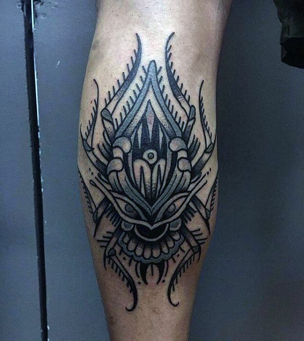 Ornate Mens Old School Traditional Spider Leg Calf Tattoos