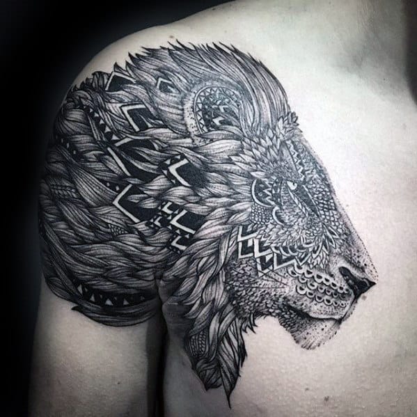 Ornate Mens Pattern Lion Shoulder Tattoo Designs