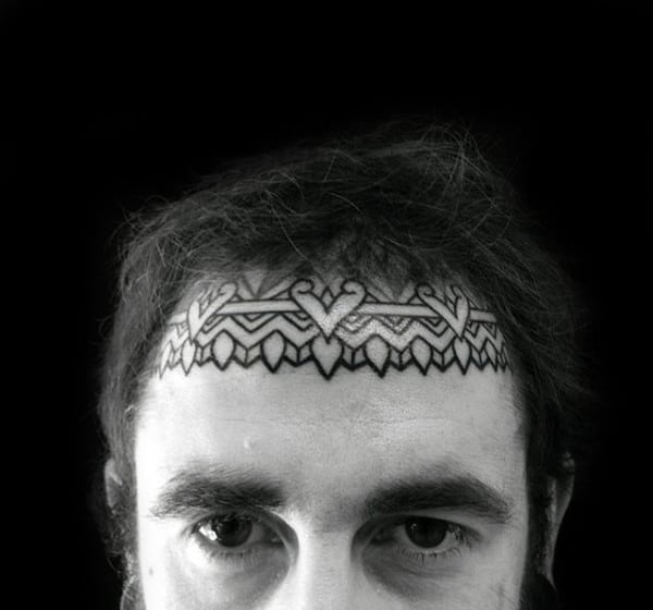 Ornate Mens Top Of Face Pattern Tattoo Below Hair