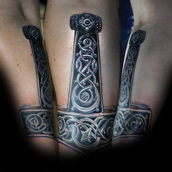 Ornate Mjolnir Tattoo On Guys Inner Forearms