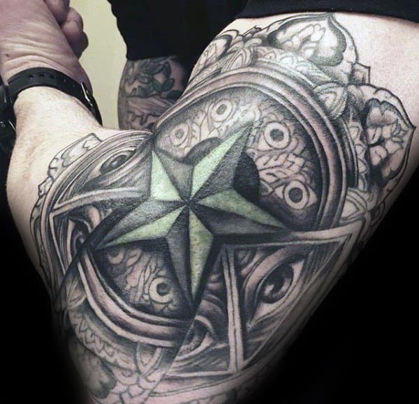 Ornate Nautical Star Mens Outer Arm Tattoo Ideas