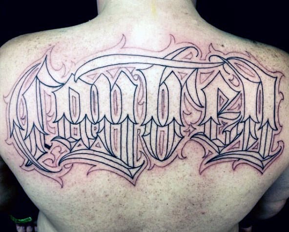 Ornate Old English Mens Upper Back Name Tattoos