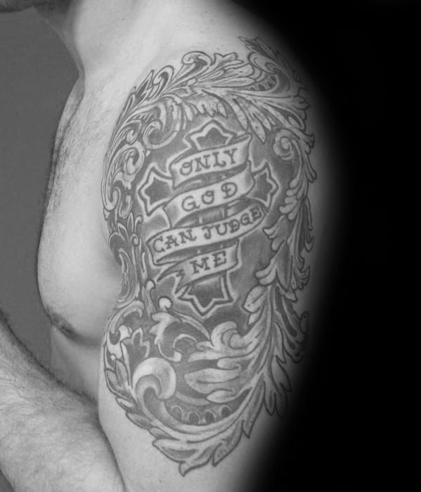 ornate only god can judge me male arm tattoos