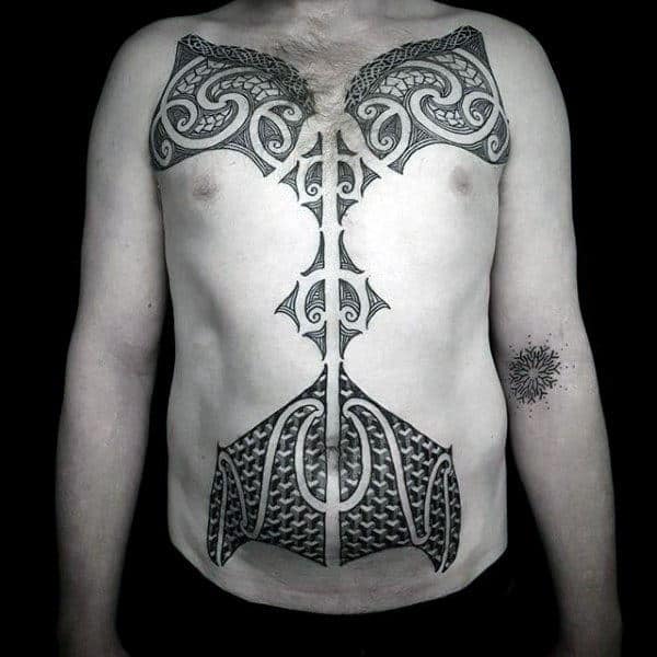 Ornate Polynesian Tribal Male Chest Tattoo