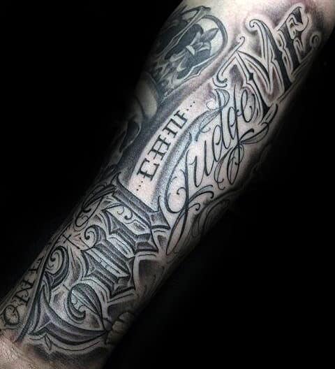ornate script only god can judge me guys arm tattoo ideas