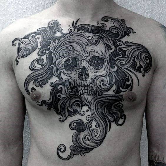 Ornate Skull Artistic Mens Upper Chest Tattoo