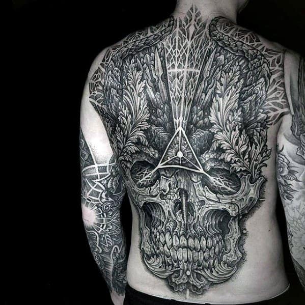 Ornate Skull Geometric Awesome Back Tattoo Design Ideas For Males