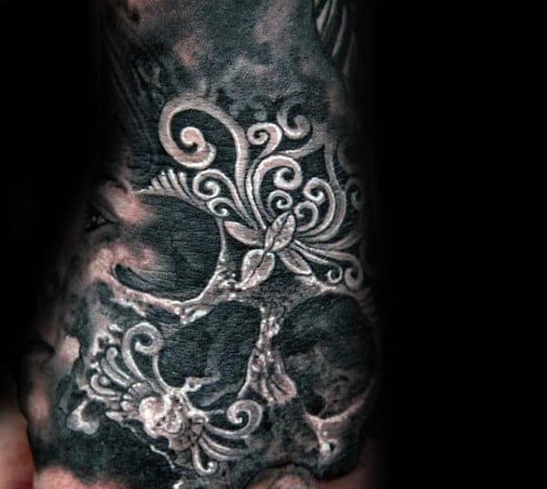 Ornate Skull Mens Hand Tattoos