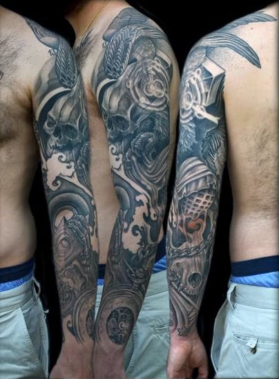 Ornate Skulls Guys Awesome Shaded Sleeve Tattoos