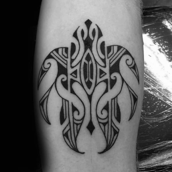 Ornate Small Male Hawaiian Turtle Tattoo With Tribal Design
