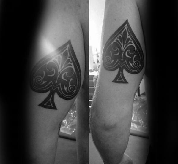 Ornate Spade Back Of Arm Black Ink Tattoo Designs For Men