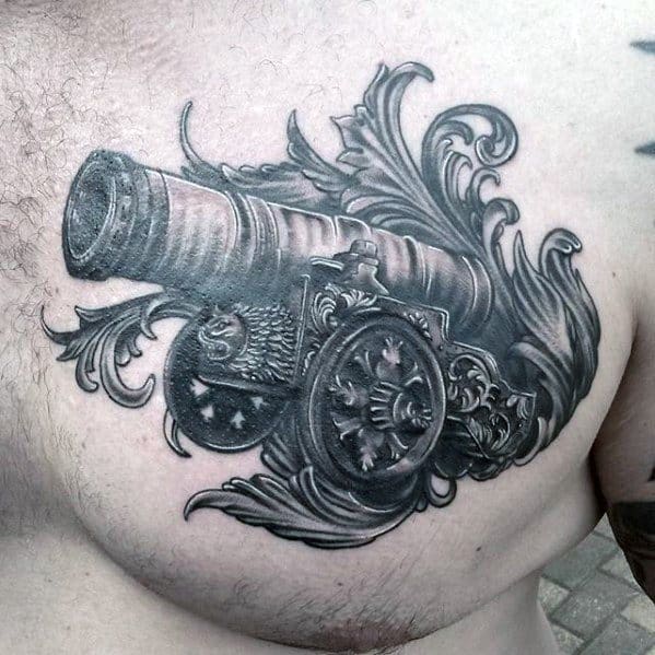 Ornate Upper Chest 3d Cannon Mens Tattoo Designs