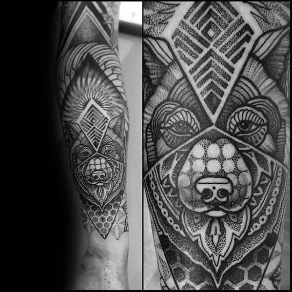 Ornate Wolf Head Geometric Forearm Mens Tattoo Ideas