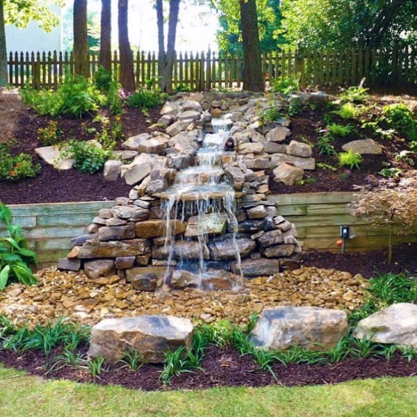 Tiered backyard waterfall with natural rocks, lush plants, and a small pond at the base.