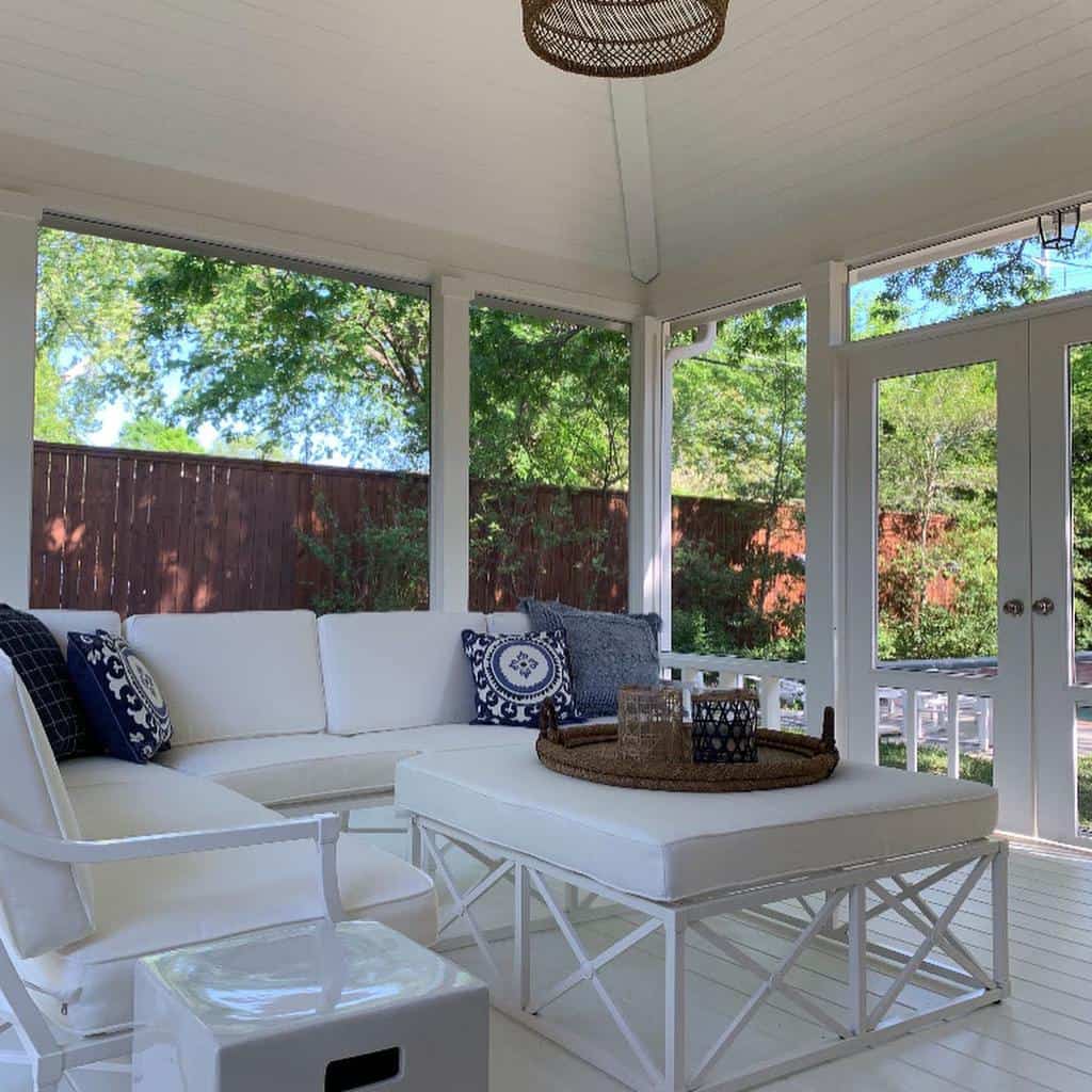 outdoor enclosed patio white furniture wood deck 