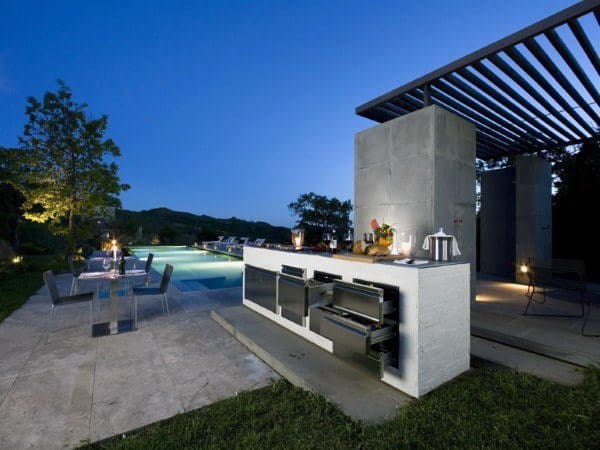 Outdoor kitchen and seating area by a pool at dusk, featuring modern design and ambient outdoor lighting