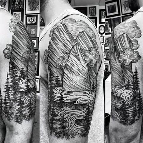 Outdoor Nature Themed Fine Line Black And Grey Tattoo For Guys