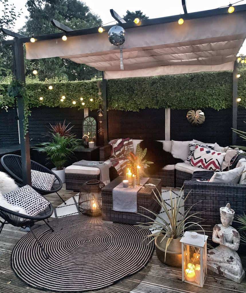 outdoor patio shade pergola with string lights