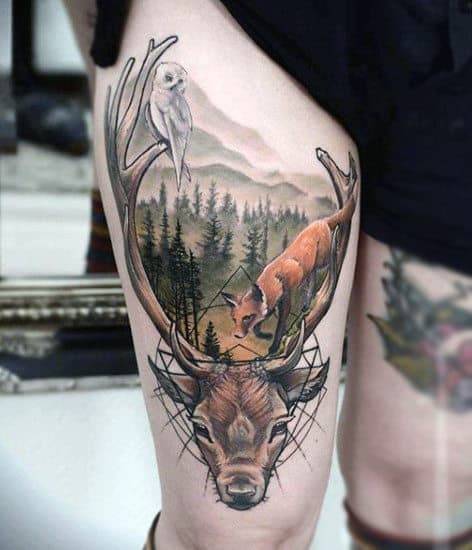 Outdoors Deer Tattoo For Men On Thigh In Color