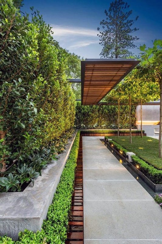 Modern garden with concrete pathway, lush hedges, sleek canopy, and ambient lighting.