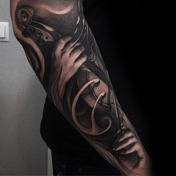 Realistic black and gray sleeve tattoo of a violin being played, featuring detailed hands and flowing composition for a dynamic musical tribute.