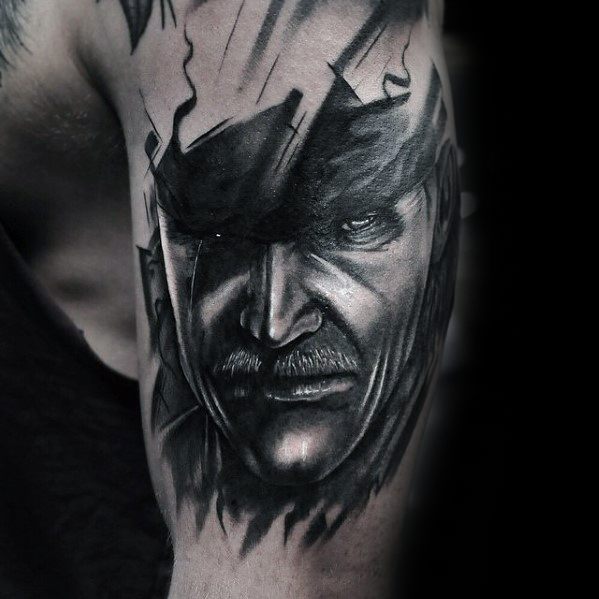 Outer Arm Black And Grey Ink Mens Tattoo With Metal Gear Design