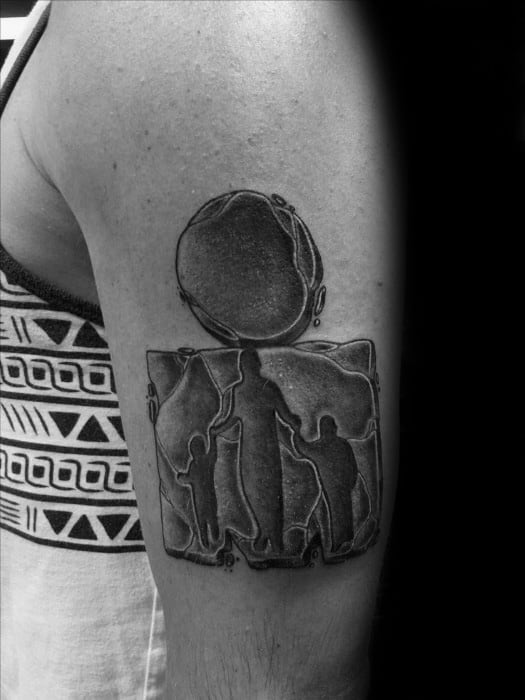 Ironman logo tattoo in a minimalist design, featuring human figures symbolizing the triathlon disciplines, framed by geometric lines.