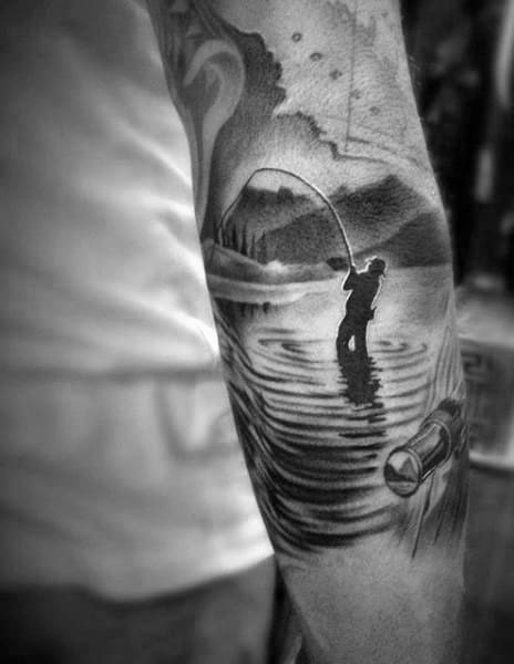 Outer Arm Fisher In River Male Tattoo Designs